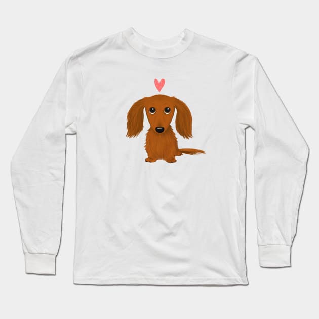 Cute Longhaired Dachshund Cartoon Dog with Heart Long Sleeve T-Shirt by Coffee Squirrel